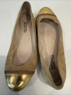 Michael Kors Tan Suede Ballet Flats with Gold Cap Toe and Trim